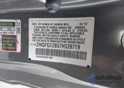 2007 Honda Civic Ex из США, поврежденный, VIN 2HGFG12857H539719